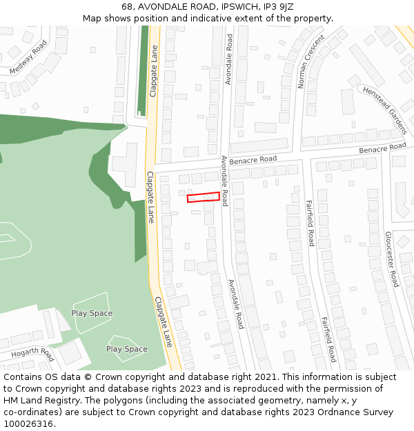 68, AVONDALE ROAD, IPSWICH, IP3 9JZ: Location map and indicative extent of plot