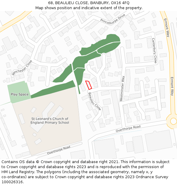 68, BEAULIEU CLOSE, BANBURY, OX16 4FQ: Location map and indicative extent of plot