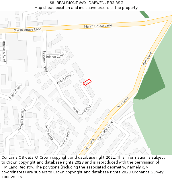 68, BEAUMONT WAY, DARWEN, BB3 3SG: Location map and indicative extent of plot