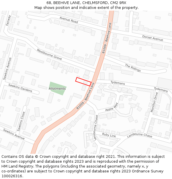 68, BEEHIVE LANE, CHELMSFORD, CM2 9RX: Location map and indicative extent of plot