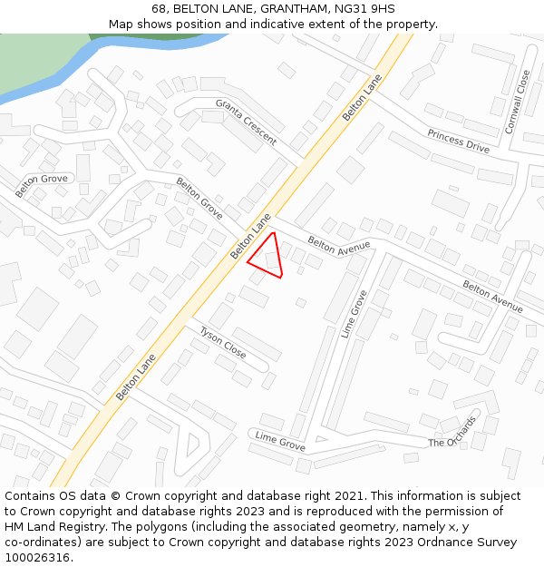 68, BELTON LANE, GRANTHAM, NG31 9HS: Location map and indicative extent of plot