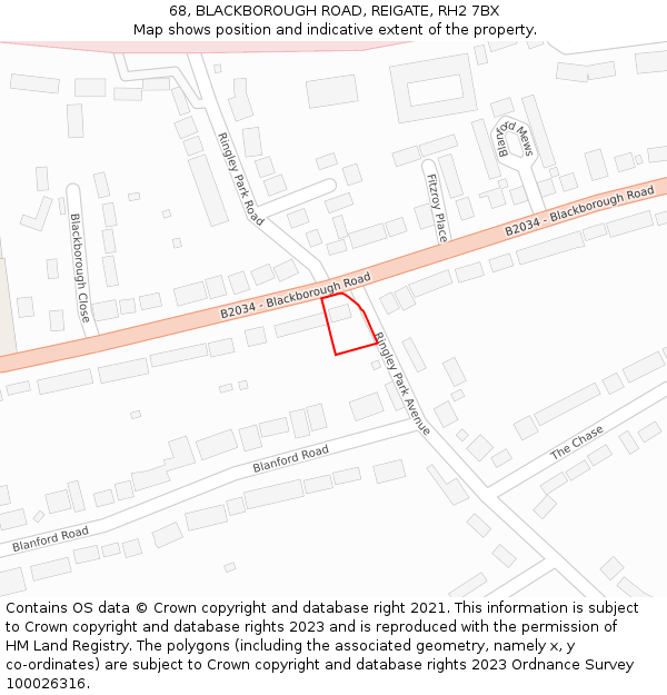 68, BLACKBOROUGH ROAD, REIGATE, RH2 7BX: Location map and indicative extent of plot