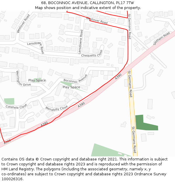 68, BOCONNOC AVENUE, CALLINGTON, PL17 7TW: Location map and indicative extent of plot