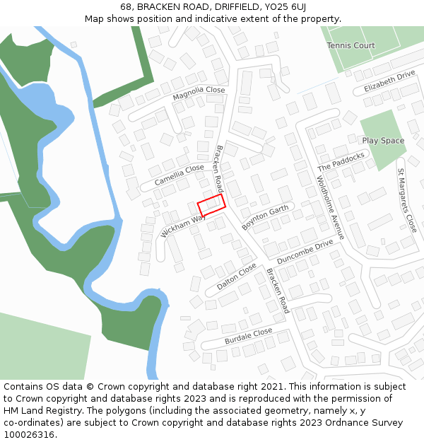 68, BRACKEN ROAD, DRIFFIELD, YO25 6UJ: Location map and indicative extent of plot