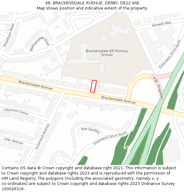 68, BRACKENSDALE AVENUE, DERBY, DE22 4AE: Location map and indicative extent of plot