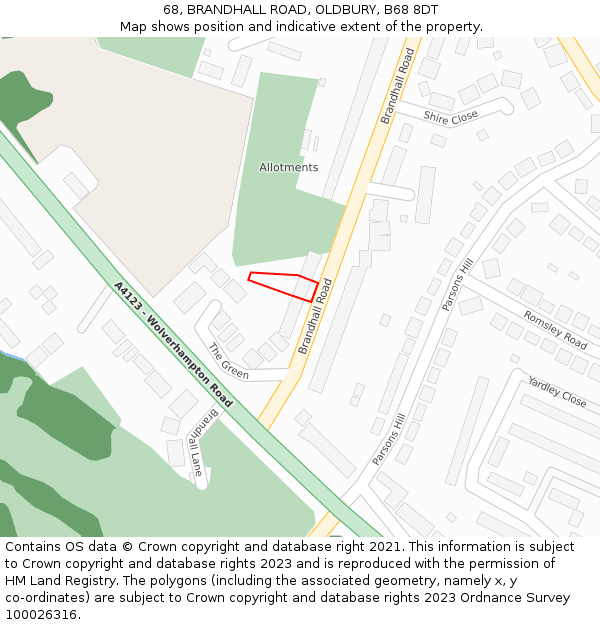 68, BRANDHALL ROAD, OLDBURY, B68 8DT: Location map and indicative extent of plot