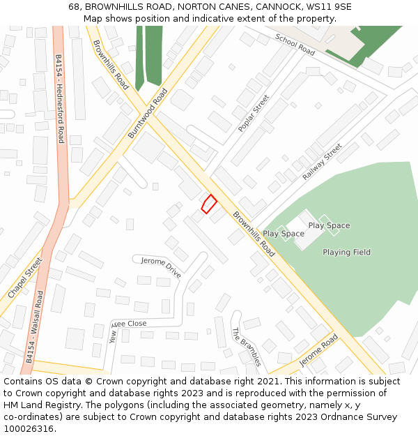 68, BROWNHILLS ROAD, NORTON CANES, CANNOCK, WS11 9SE: Location map and indicative extent of plot