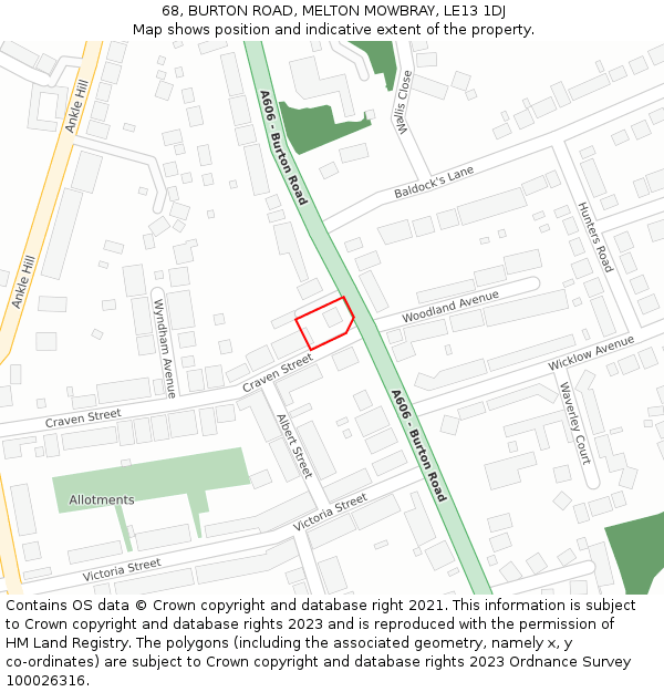 68, BURTON ROAD, MELTON MOWBRAY, LE13 1DJ: Location map and indicative extent of plot