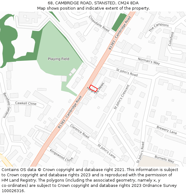 68, CAMBRIDGE ROAD, STANSTED, CM24 8DA: Location map and indicative extent of plot