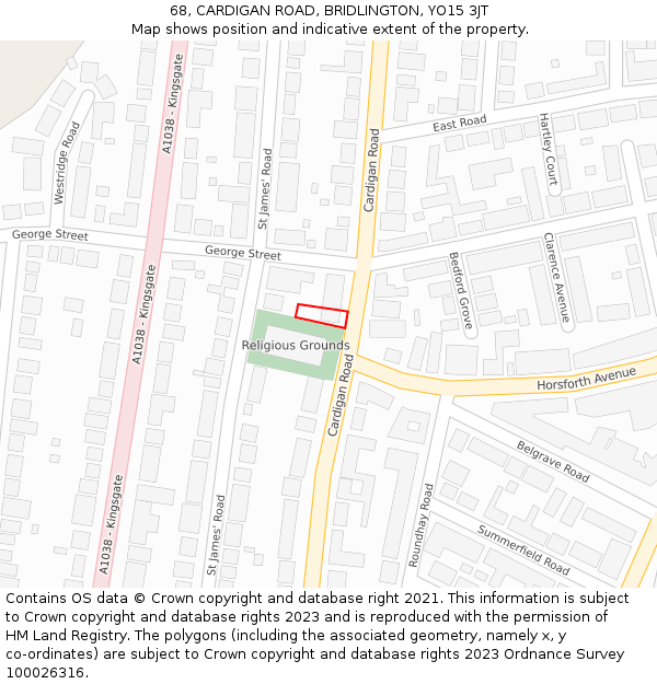 68, CARDIGAN ROAD, BRIDLINGTON, YO15 3JT: Location map and indicative extent of plot