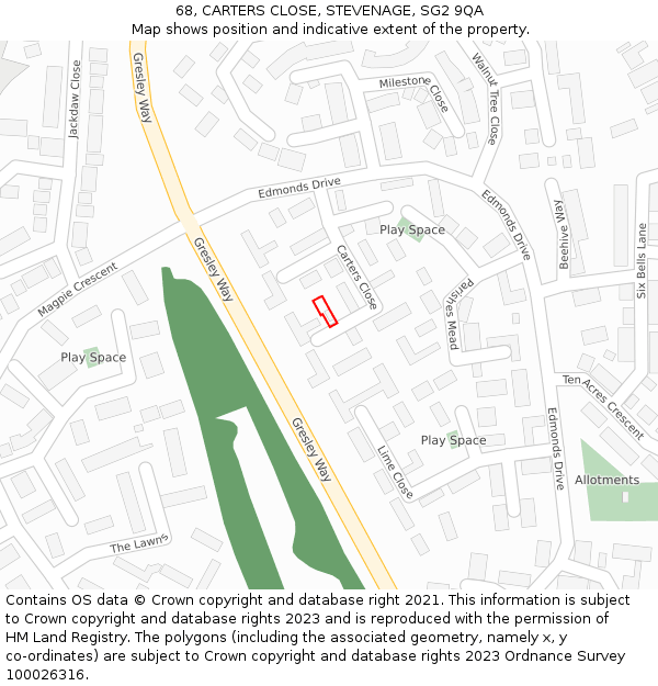 68, CARTERS CLOSE, STEVENAGE, SG2 9QA: Location map and indicative extent of plot