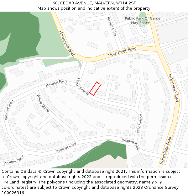 68, CEDAR AVENUE, MALVERN, WR14 2SF: Location map and indicative extent of plot