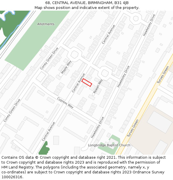 68, CENTRAL AVENUE, BIRMINGHAM, B31 4JB: Location map and indicative extent of plot