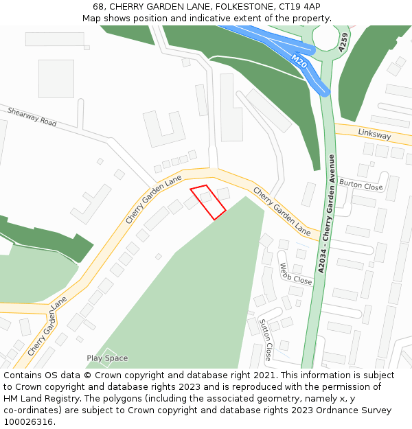 68, CHERRY GARDEN LANE, FOLKESTONE, CT19 4AP: Location map and indicative extent of plot