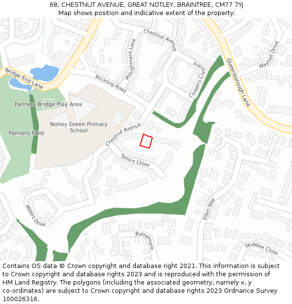 68, CHESTNUT AVENUE, GREAT NOTLEY, BRAINTREE, CM77 7YJ: Location map and indicative extent of plot