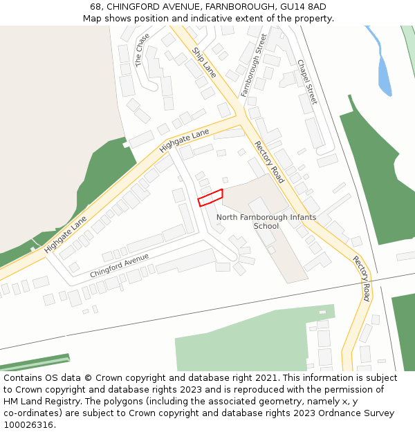 68, CHINGFORD AVENUE, FARNBOROUGH, GU14 8AD: Location map and indicative extent of plot