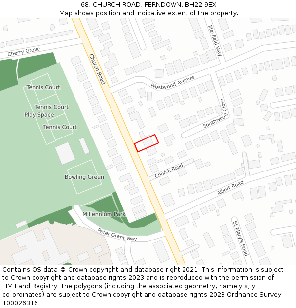 68, CHURCH ROAD, FERNDOWN, BH22 9EX: Location map and indicative extent of plot