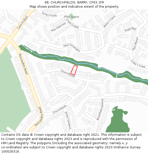 68, CHURCHFIELDS, BARRY, CF63 1FR: Location map and indicative extent of plot