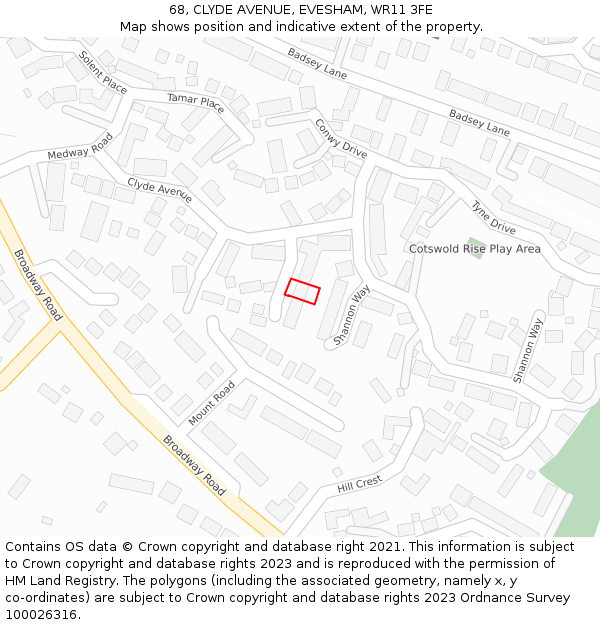 68, CLYDE AVENUE, EVESHAM, WR11 3FE: Location map and indicative extent of plot
