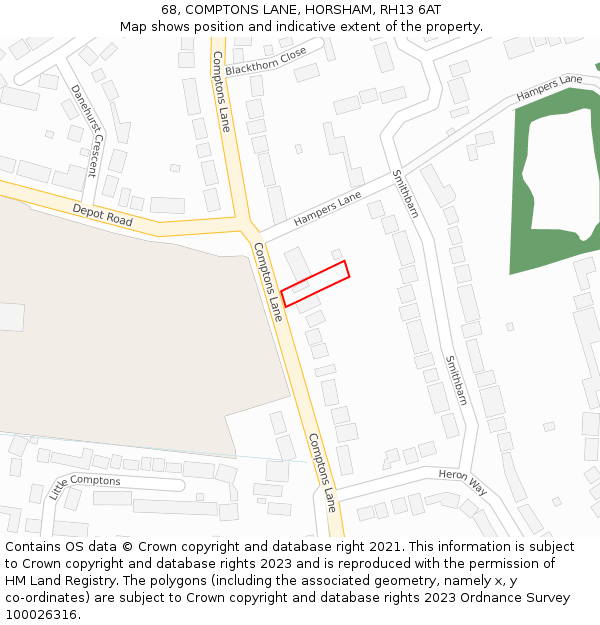 68, COMPTONS LANE, HORSHAM, RH13 6AT: Location map and indicative extent of plot