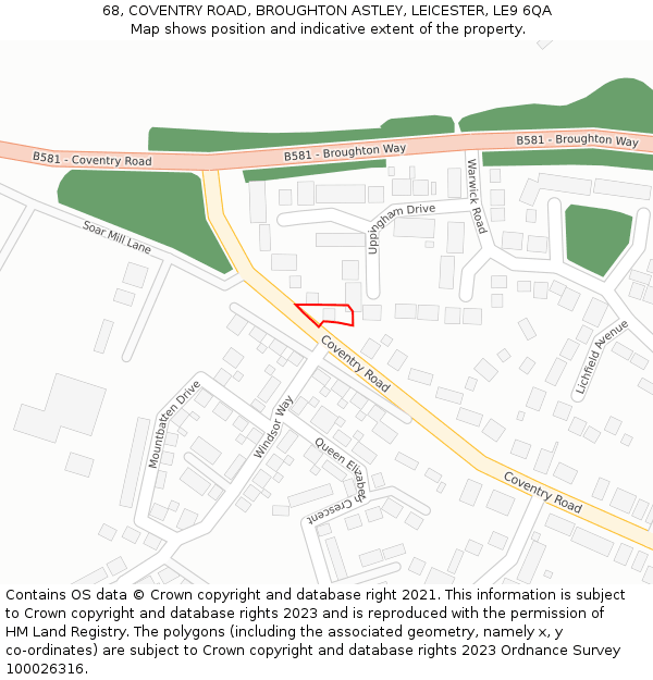 68, COVENTRY ROAD, BROUGHTON ASTLEY, LEICESTER, LE9 6QA: Location map and indicative extent of plot