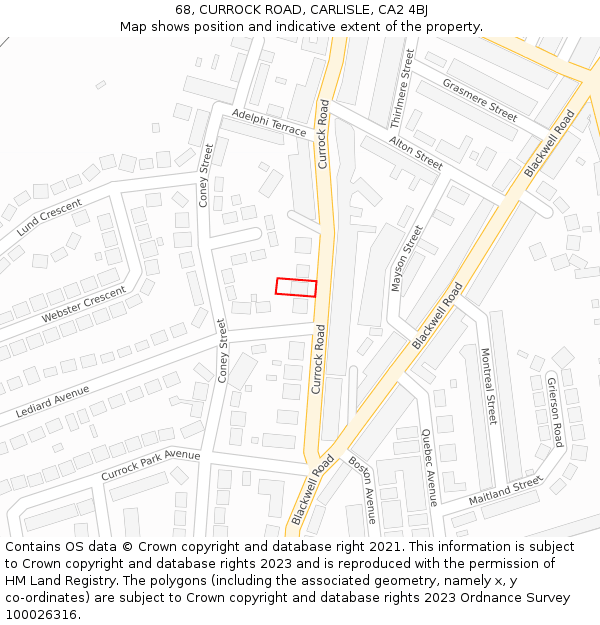 68, CURROCK ROAD, CARLISLE, CA2 4BJ: Location map and indicative extent of plot