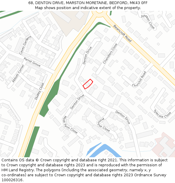 68, DENTON DRIVE, MARSTON MORETAINE, BEDFORD, MK43 0FF: Location map and indicative extent of plot