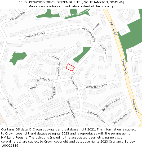 68, DUKESWOOD DRIVE, DIBDEN PURLIEU, SOUTHAMPTON, SO45 4NJ: Location map and indicative extent of plot