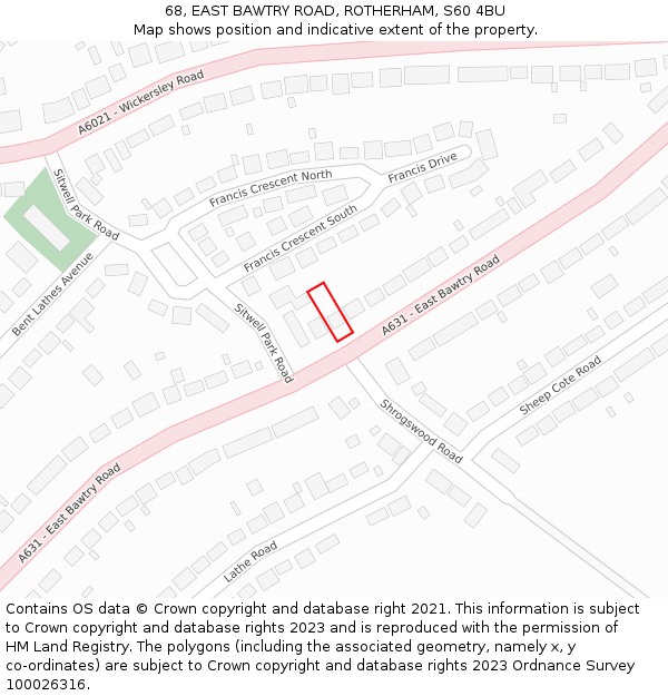 68, EAST BAWTRY ROAD, ROTHERHAM, S60 4BU: Location map and indicative extent of plot