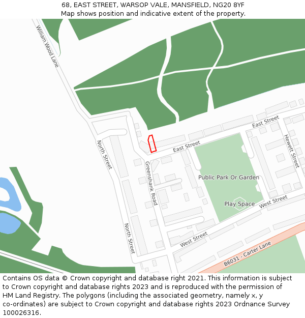 68, EAST STREET, WARSOP VALE, MANSFIELD, NG20 8YF: Location map and indicative extent of plot