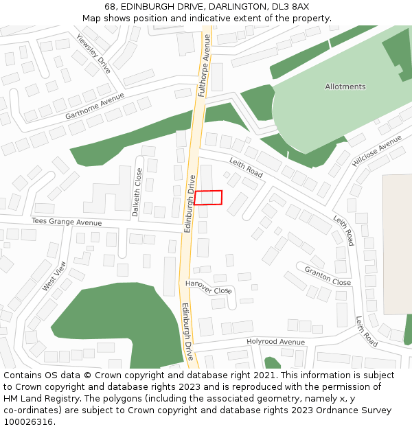 68, EDINBURGH DRIVE, DARLINGTON, DL3 8AX: Location map and indicative extent of plot