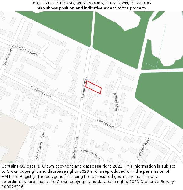 68, ELMHURST ROAD, WEST MOORS, FERNDOWN, BH22 0DG: Location map and indicative extent of plot