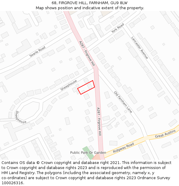 68, FIRGROVE HILL, FARNHAM, GU9 8LW: Location map and indicative extent of plot
