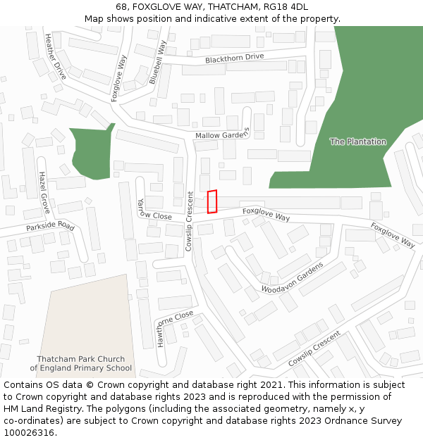 68, FOXGLOVE WAY, THATCHAM, RG18 4DL: Location map and indicative extent of plot