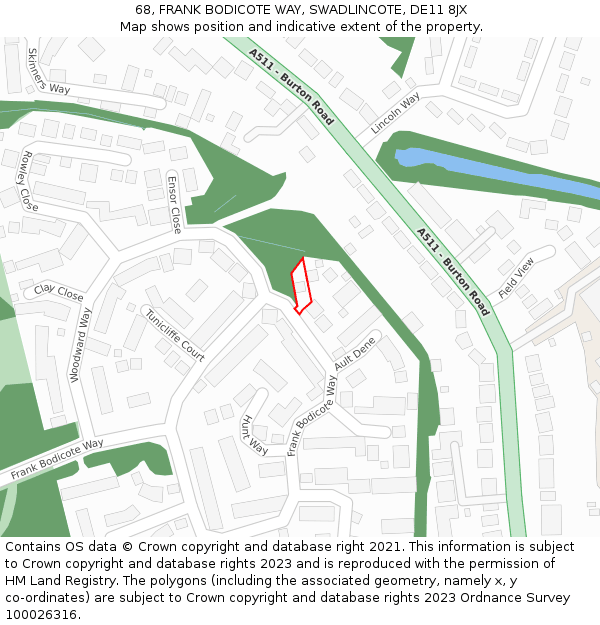 68, FRANK BODICOTE WAY, SWADLINCOTE, DE11 8JX: Location map and indicative extent of plot