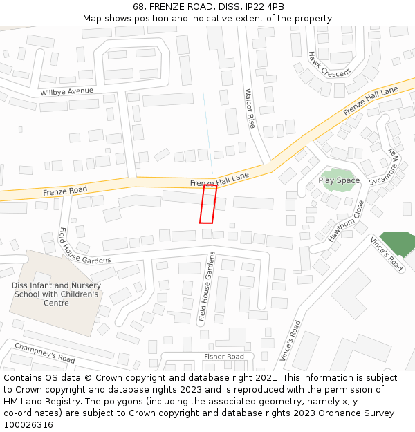 68, FRENZE ROAD, DISS, IP22 4PB: Location map and indicative extent of plot