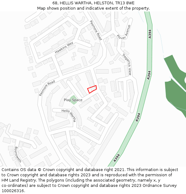 68, HELLIS WARTHA, HELSTON, TR13 8WE: Location map and indicative extent of plot