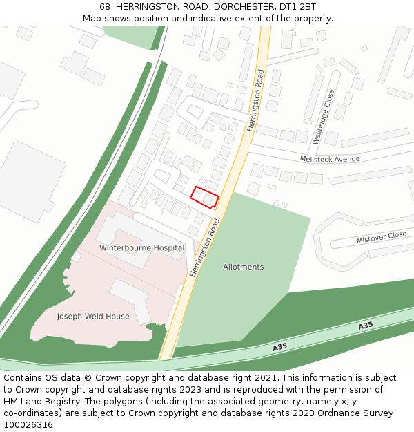 68, HERRINGSTON ROAD, DORCHESTER, DT1 2BT: Location map and indicative extent of plot