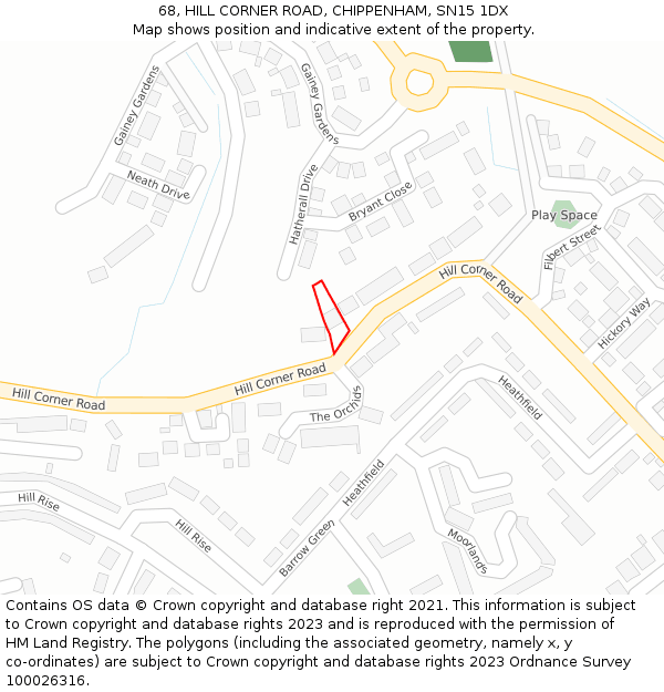 68, HILL CORNER ROAD, CHIPPENHAM, SN15 1DX: Location map and indicative extent of plot