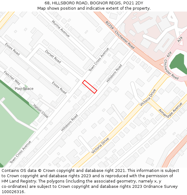 68, HILLSBORO ROAD, BOGNOR REGIS, PO21 2DY: Location map and indicative extent of plot
