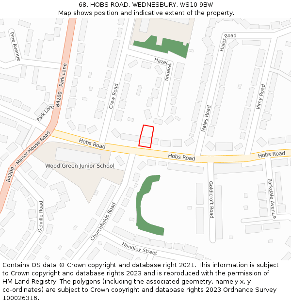 68, HOBS ROAD, WEDNESBURY, WS10 9BW: Location map and indicative extent of plot