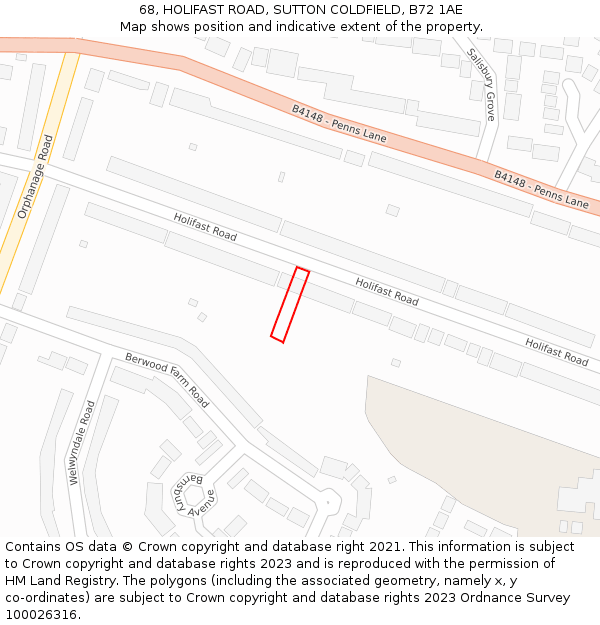 68, HOLIFAST ROAD, SUTTON COLDFIELD, B72 1AE: Location map and indicative extent of plot