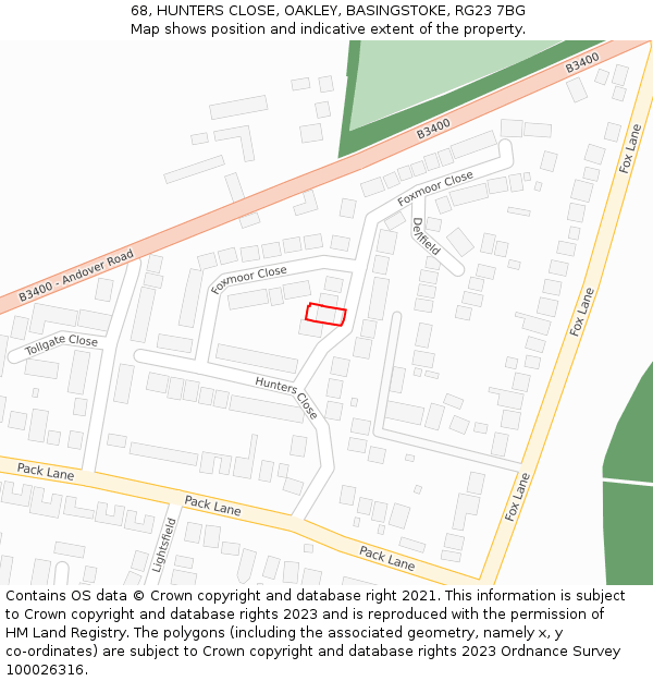 68, HUNTERS CLOSE, OAKLEY, BASINGSTOKE, RG23 7BG: Location map and indicative extent of plot