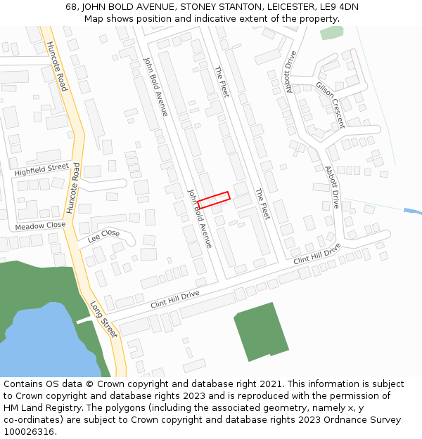 68, JOHN BOLD AVENUE, STONEY STANTON, LEICESTER, LE9 4DN: Location map and indicative extent of plot