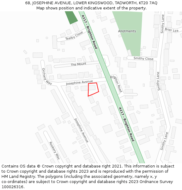 68, JOSEPHINE AVENUE, LOWER KINGSWOOD, TADWORTH, KT20 7AQ: Location map and indicative extent of plot