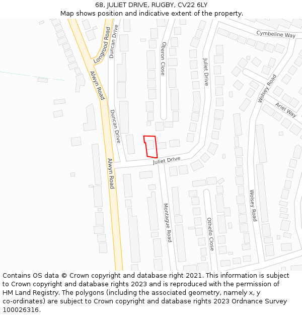 68, JULIET DRIVE, RUGBY, CV22 6LY: Location map and indicative extent of plot