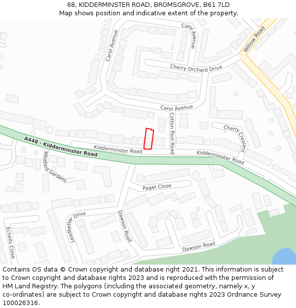 68, KIDDERMINSTER ROAD, BROMSGROVE, B61 7LD: Location map and indicative extent of plot