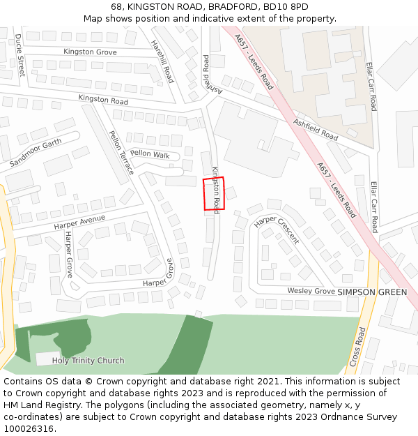 68, KINGSTON ROAD, BRADFORD, BD10 8PD: Location map and indicative extent of plot