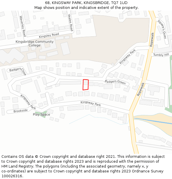 68, KINGSWAY PARK, KINGSBRIDGE, TQ7 1UD: Location map and indicative extent of plot
