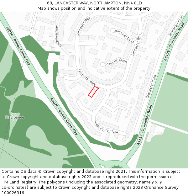 68, LANCASTER WAY, NORTHAMPTON, NN4 8LD: Location map and indicative extent of plot